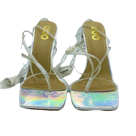 Ego Shoes Womens Size 8 Shiny Silver Strappy Rhinestone Square Toe Sandals Heels - Picture 1 of 11